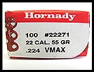 HORNADY V-MAX 22 CAL. 55 GR. POLYMER TIP FLAT BASE SPIRE POINT RELOADING BULLETS