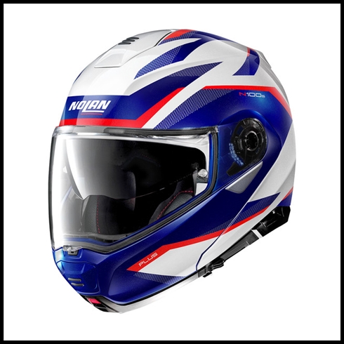 NOLAN N100-5 PLUS MODULAR HELMET WITH VPS INTERIOR SUNSCREEN - OVERLAND METAL WHITE/BLUE/RED GRAPHIC