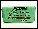 SIERRA MATCHKING 22 CAL. 69 GR. HOLLOW POINT BOAT TAIL MATCH RELOADING BULLETS