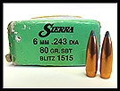SIERRA 6MM/243 CAL. 80 GR. SPITZER BOAT TAIL BLITZ RELOADING BULLETS