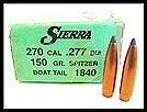 SIERRA 270 CAL. 150 GR. SPITZER BOAT TAIL GAMEKING RELOADING BULLETS