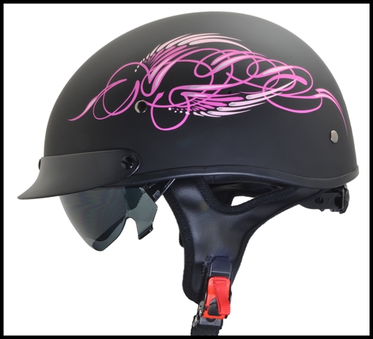 VEGA WARRIOR HALF HELMET WITH DROP DOWN SUN SHIELD - PINK SCROLL