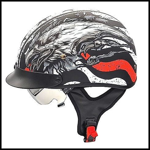 VEGA WARRIOR 2 HALF HELMET WITH DROP DOWN MIRRORED SUN SHIELD - PATRIOTIC EAGLE BACK THE RED