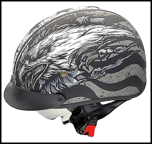 VEGA WARRIOR 2 HALF HELMET WITH DROP DOWN MIRRORED SUN SHIELD - PATRIOTIC EAGLE FLAG