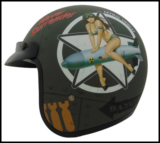 VEGA X390 OPEN FACE HELMET WITH 3 SNAP VISOR AND DROP-DOWN SUNSHIELD - BOMBS AWAY GRAPHIC