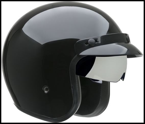 VEGA X390 OPEN FACE HELMET WITH 3 SNAP VISOR AND DROP-DOWN SUNSHIELD - GLOSS BLACK